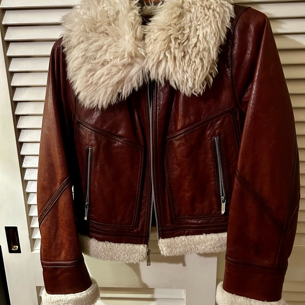 BCBGMaxAzria Brown Leather Jacket with Faux Fur